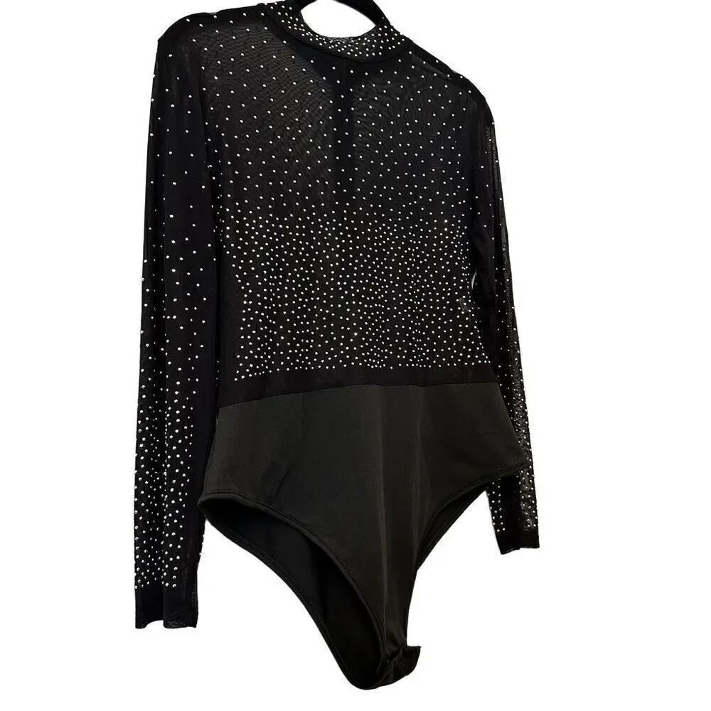 Fashion Nova Talent Rhinestone Studded Mesh Stretch Bodysuit Top Black Size XL